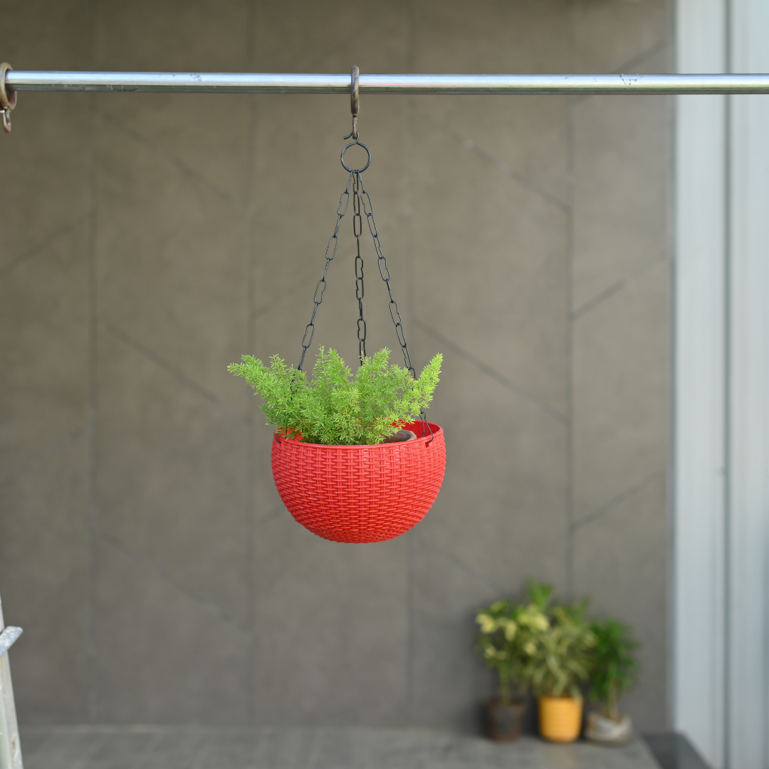 Plastic Rattan Hanging 7.6" Pot With Chain- Set of 4