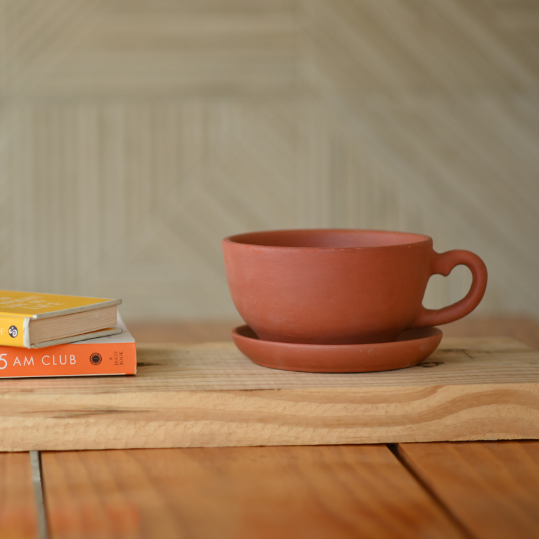 Terracotta Tea Cup Pot with Tray for Plants