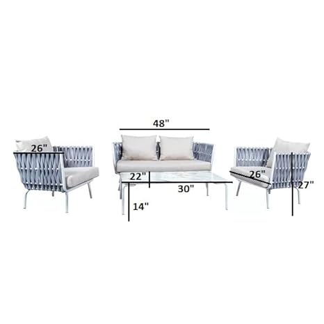 4 Piece Sofa Set Outdoor Indoor Garden Rope Furniture Set with Cushion and Center Table