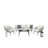 4 Seater Sofa Set Garden Rope Furniture Set with Cushion and Center Table