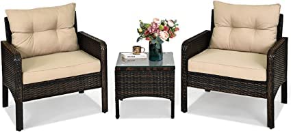 3 Pieces Patio Furniture Set Outdoor Rattan Wicker Coffee Table & Chairs Set