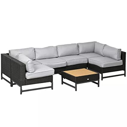 5 Pieces Outdoor Furniture L Shape Sectional Sofa with Wodden Top Coffee Table