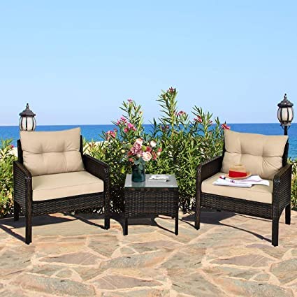 3 Pieces Patio Furniture Set Outdoor Rattan Wicker Coffee Table & Chairs Set