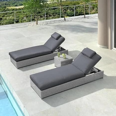 Set of 2 Sun Lounger With Cushion & Table