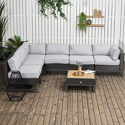 5 Pieces Outdoor Furniture L Shape Sectional Sofa with Wodden Top Coffee Table