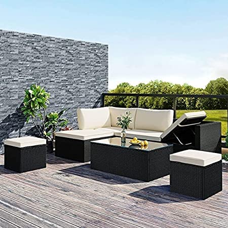 5 Piece Patio Sofa Set Outdoor Rattan & Wicker Sofa Cum Lounger