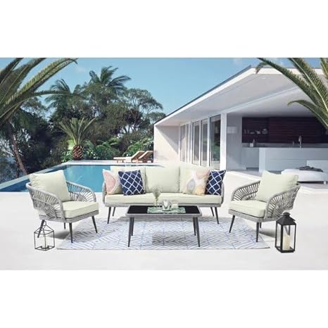 4 Seater Sofa Set Garden Rope Furniture Set with Cushion and Center Table