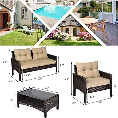 Outdoor Rattan Wicker 4 Piece Sofa Set with Cushions