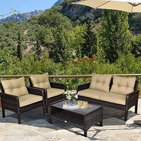 Outdoor Rattan Wicker 4 Piece Sofa Set with Cushions