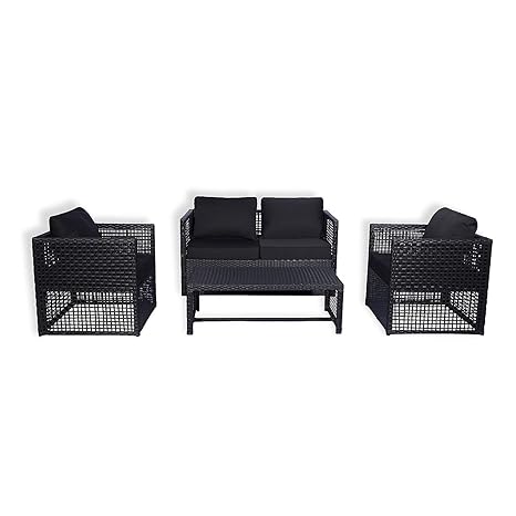 Black PE Wicker Furniture Conversation Sets with Washable Cushions & Glass Coffee Table