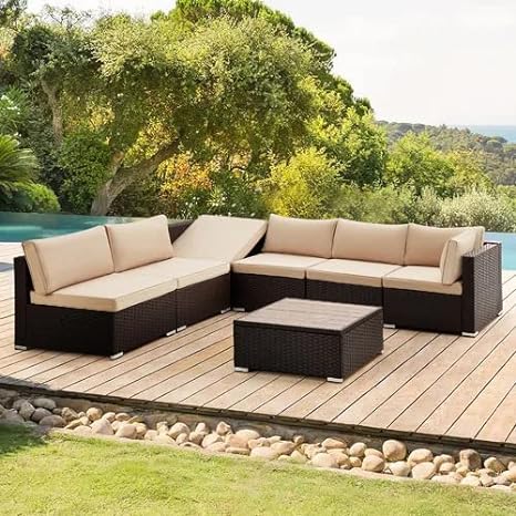 6 Seater Patio Sofa Set Outdoor Rattan&Wicker Sofa Cum Lounger