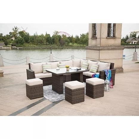 Indoor/Outdoor Sofa Set With Cushion & Glass Table