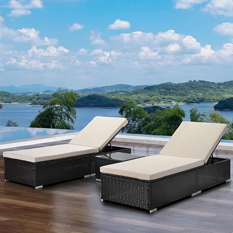 Set of 2 Sun Lounger With Cushion & Table