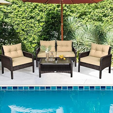 Outdoor Rattan Wicker 4 Piece Sofa Set with Cushions