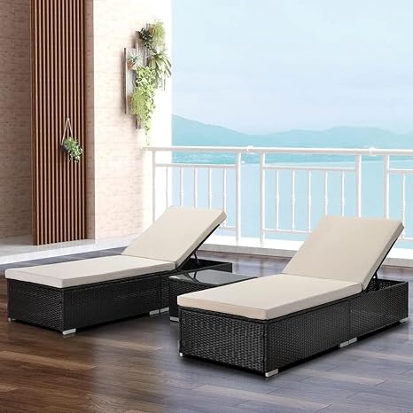 Set of 2 Sun Lounger With Cushion & Table