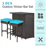 3 Piece Outdoor Rattan Wicker Bar Set with 2 Cushions Stools