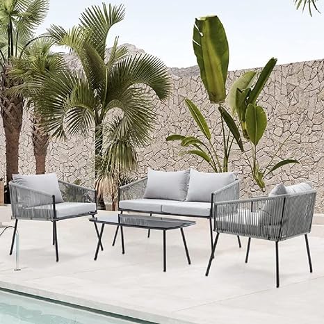 4 Pieces Outdoor Powder-Coated Iron Frame & Handwoven Wicker Patio Furniture Set