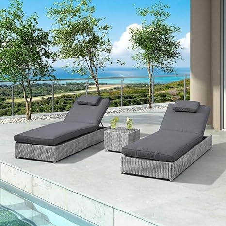 Set of 2 Sun Lounger With Cushion & Table