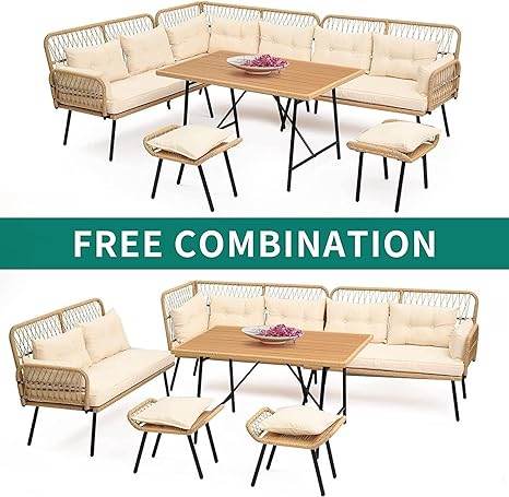 Outdoor 8 Seater Rope Patio Furniture Sofa Set with Center Table and Side Table