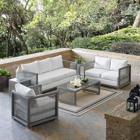 Silver Gray PE Wicker Furniture Conversation Sets with Washable Cushions & Glass Coffee Table for Garden