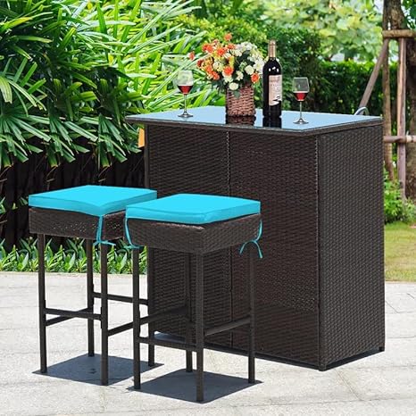 3 Piece Outdoor Rattan Wicker Bar Set with 2 Cushions Stools