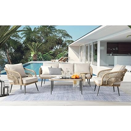 4-Piece Outdoor Rope Patio Furniture with Cushions & Table