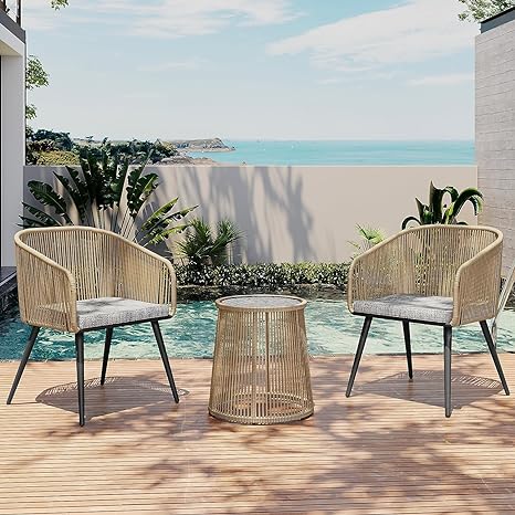 Handwoven Rope Chairs with Waterproof Cushions With Coffee Table