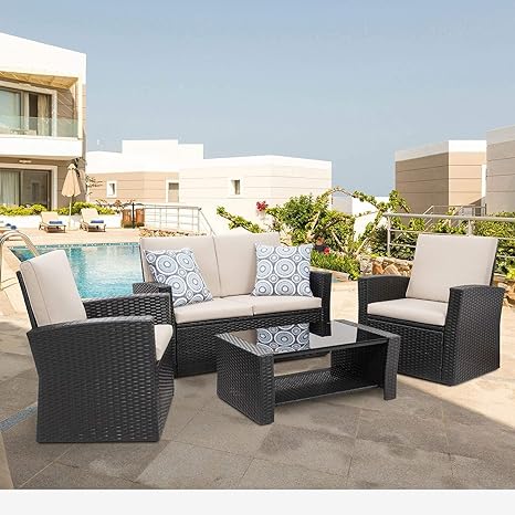 4-Piece Outdoor Sofa Couch With Glass Coffee Table