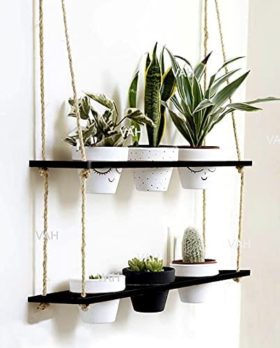 Tier-2 Wood Hanging Planter Shelf, Black For 6 Planter