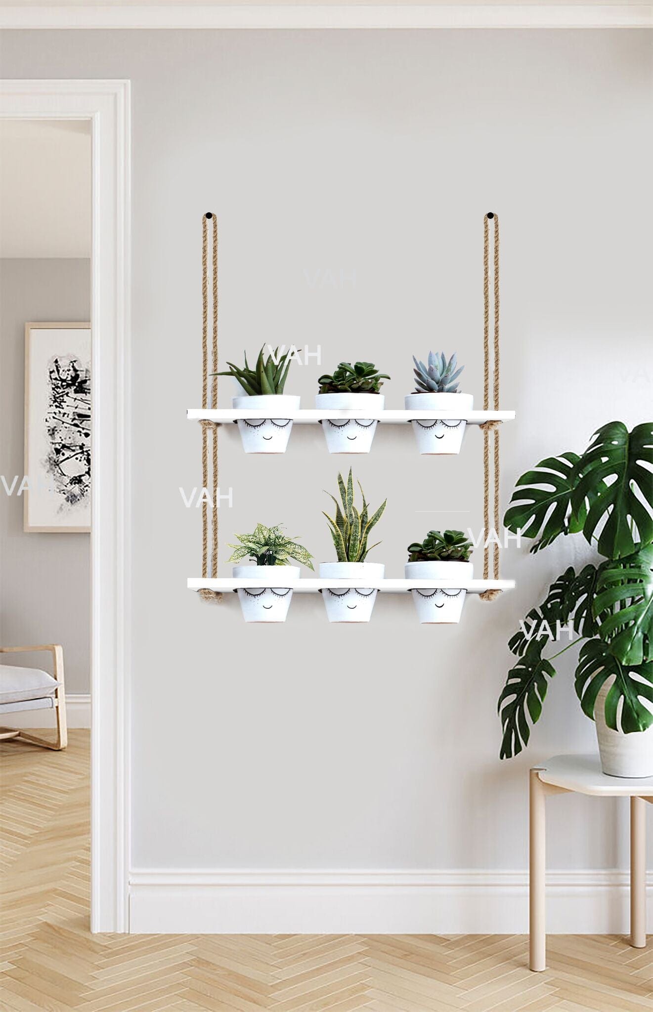 Tier-2 Wood Hanging Planter Shelf, White For 6 Planter