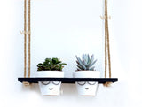 Black Wooden Planter Shelf Hanger Rack with Rope For 2 Pot