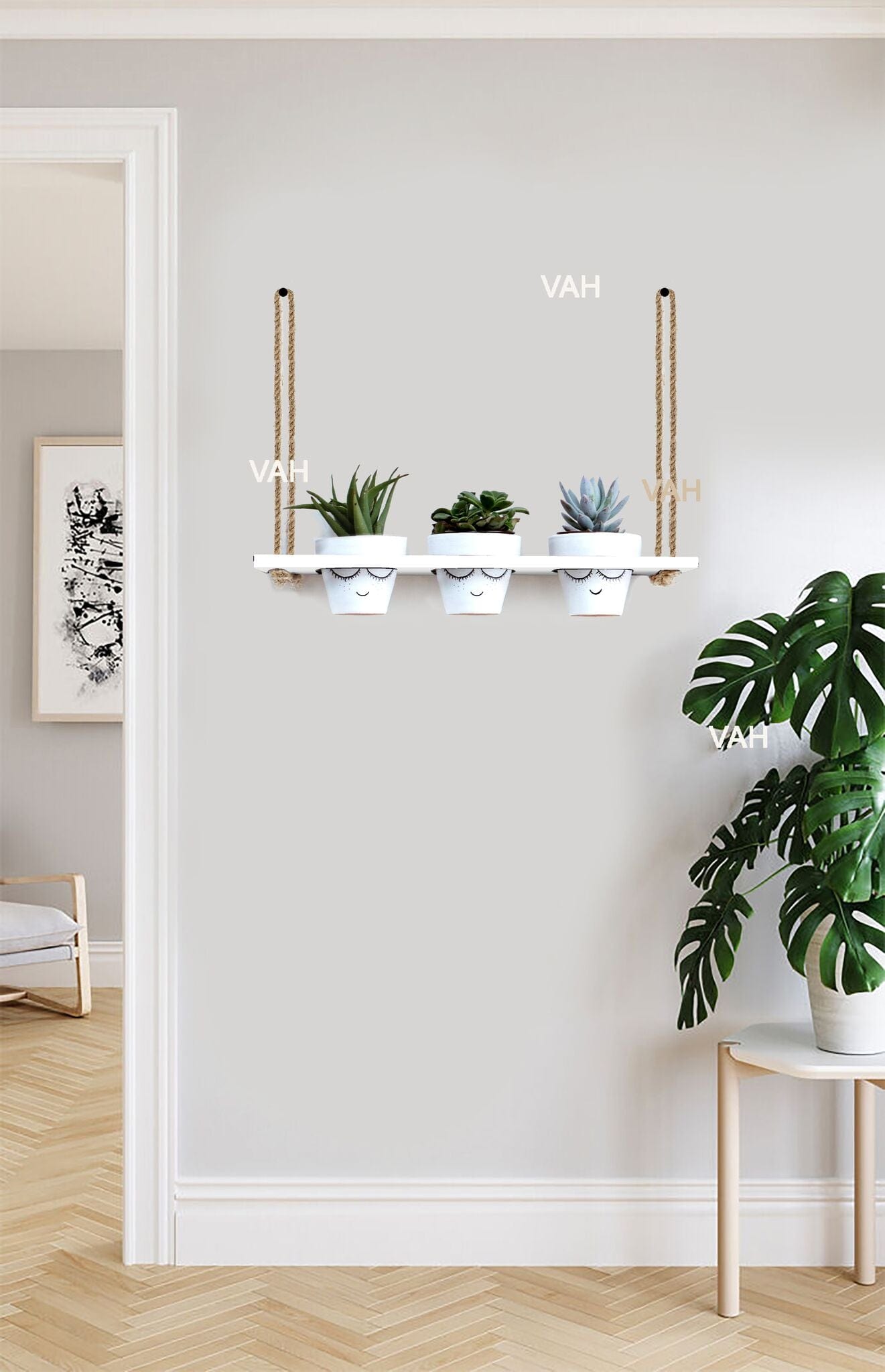 White Wooden Planter Shelf Hanger Rack with Rope For 3 Pot