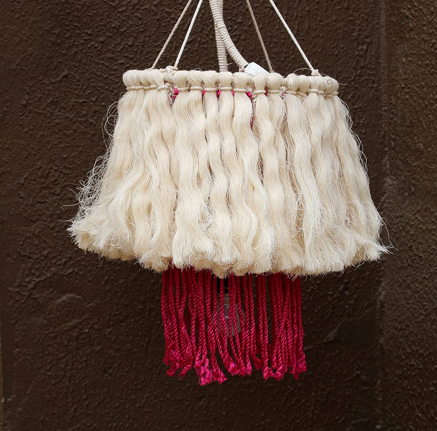 Round Pink and White Macrame Wall Hanging Night Lamp