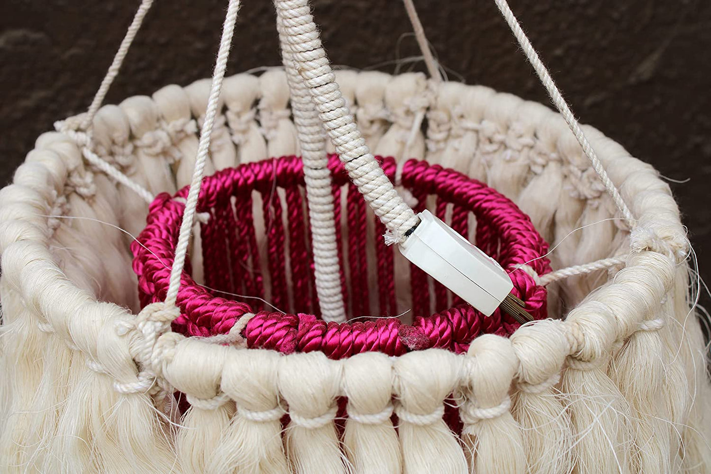 Round Pink and White Macrame Wall Hanging Night Lamp