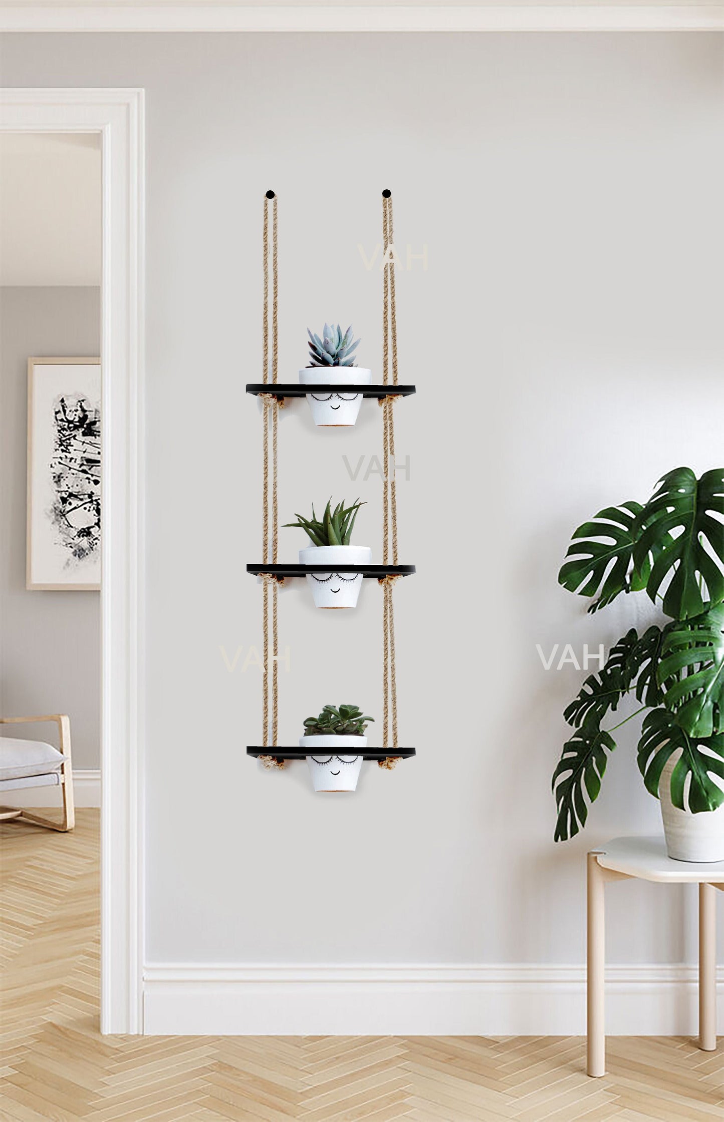 Tier-3 Wooden Hanging Planter Shelf, Black