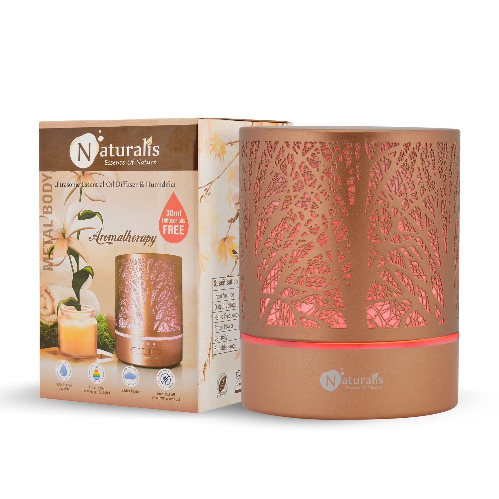 Naturalis Rose Gold Mist Ultrasonic Aroma Diffuser & Humidifier With Diffuser Oil (30 ml)