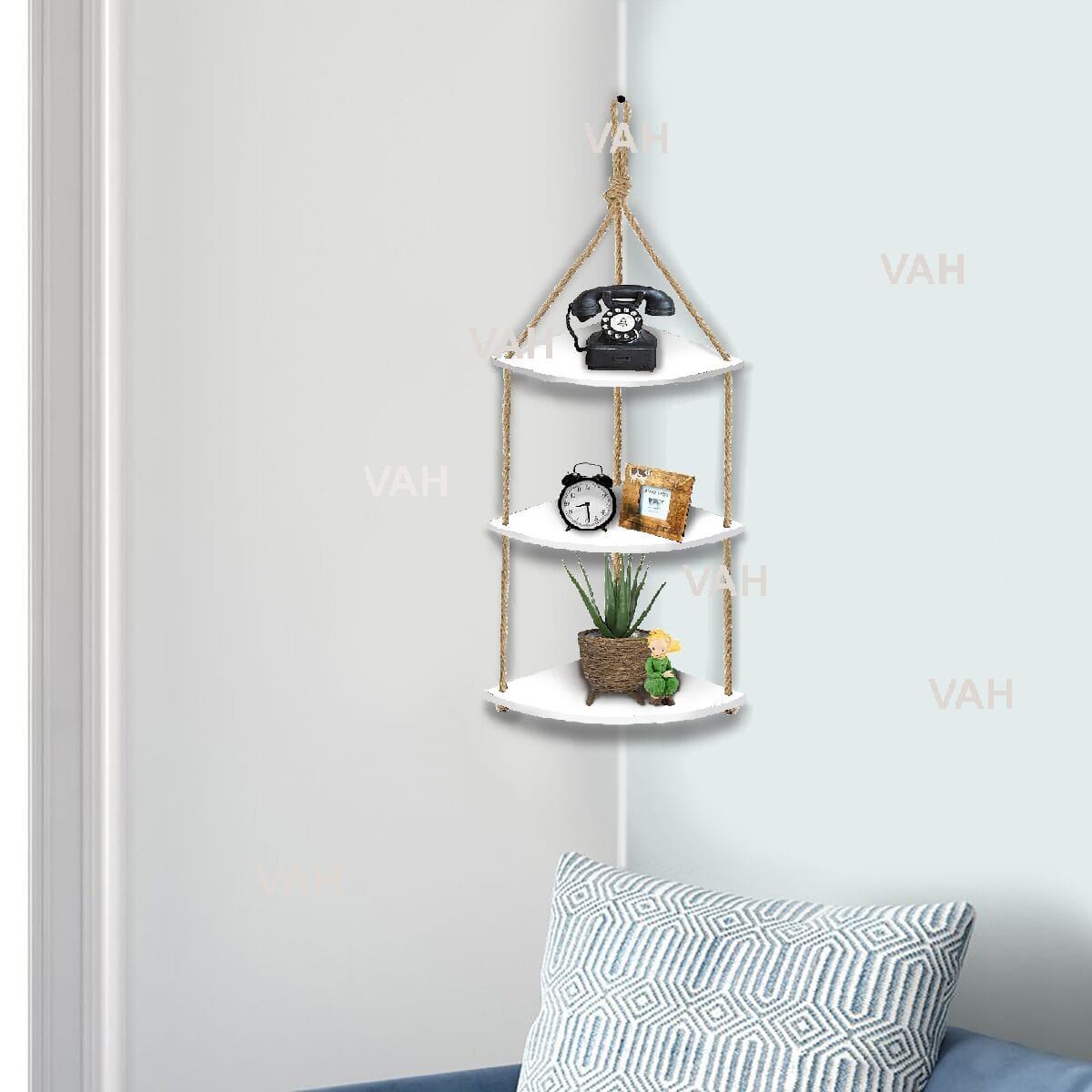 Bohemian Wood Circle White Wall Mounting Shelves With Rope