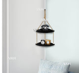 Bohemian Wood Circle Black Wall Mounting Shelves With Rope