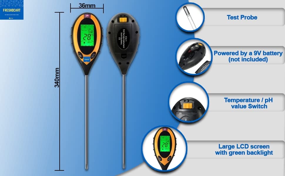 FreshDcart Planter Sensor - 4-in-1 - pH Acidity, Moisture Level, Water & Soil Tester (with Sensor Prob & Digital LCD Display)