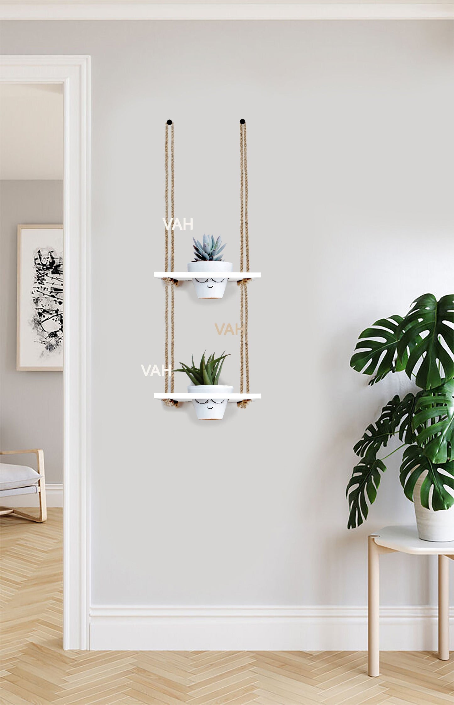 Tier-2 Wooden Hanging Planter Shelf, White