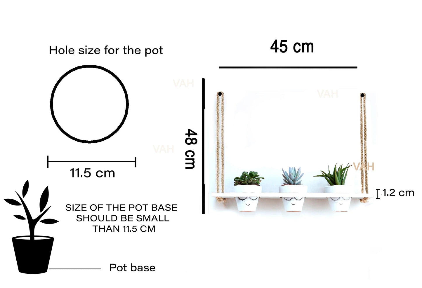 White Wooden Planter Shelf Hanger Rack with Rope For 3 Pot