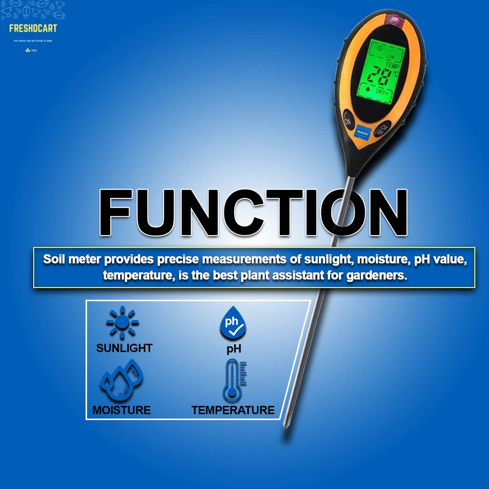 FreshDcart Planter Sensor - 4-in-1 - pH Acidity, Moisture Level, Water & Soil Tester (with Sensor Prob & Digital LCD Display)