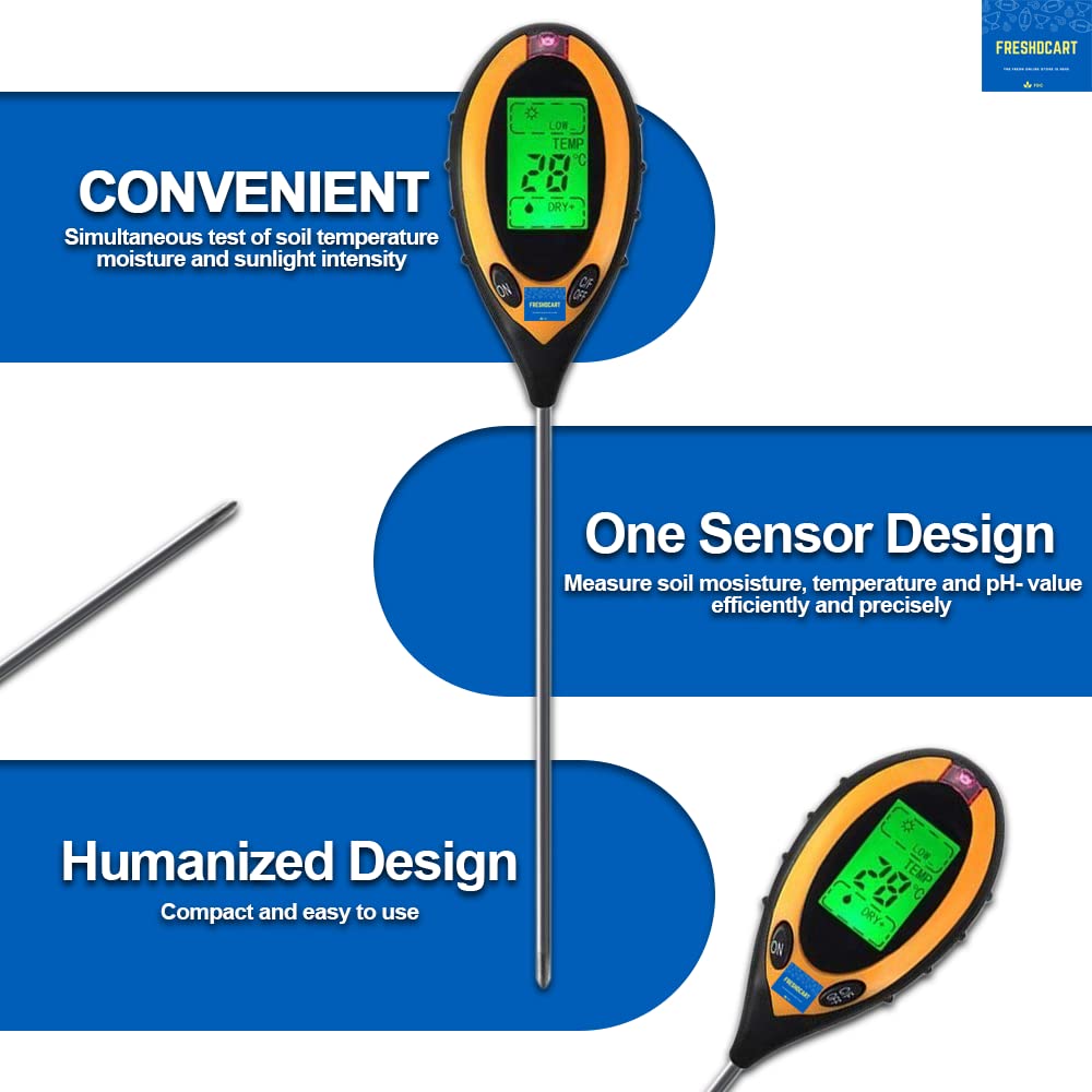 FreshDcart Planter Sensor - 4-in-1 - pH Acidity, Moisture Level, Water & Soil Tester (with Sensor Prob & Digital LCD Display)