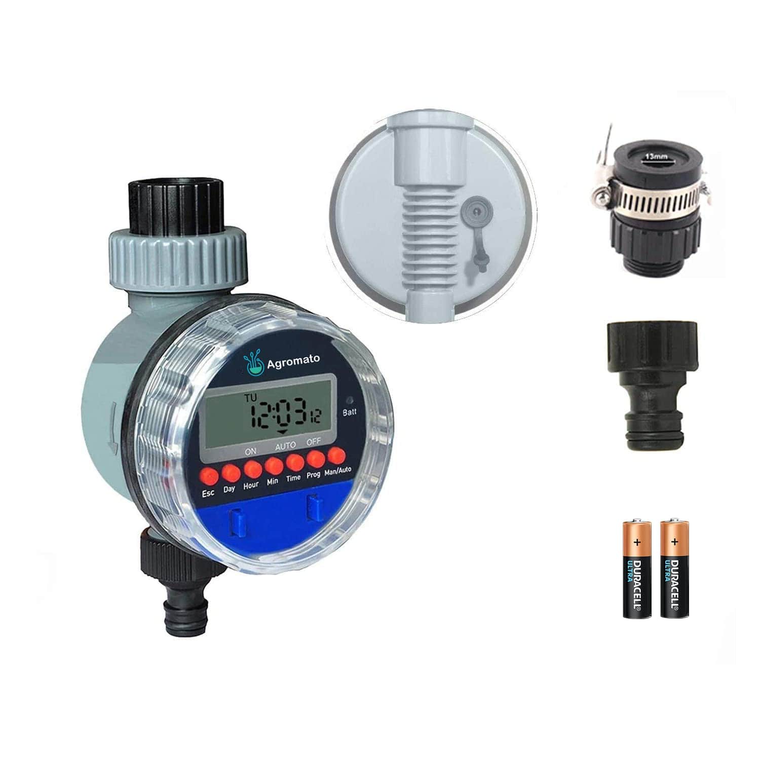 Aqualin Automatic Ball Valve Drip Irrigation Timer With LCD Display and Rain Sensor Port (Batteries Included)