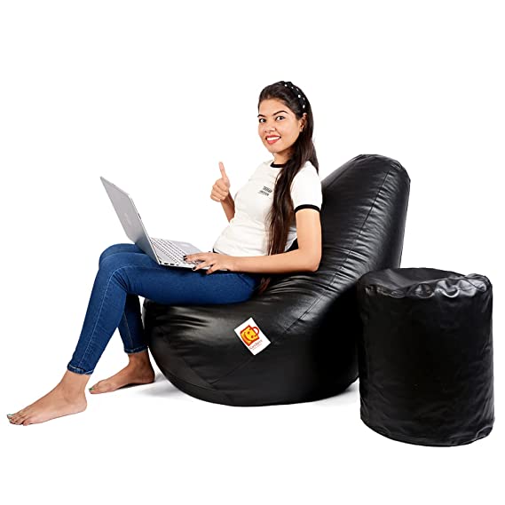 Kushuvi Classic Combo Set Filled Bean Bag with Footstool (Black, XXXL)