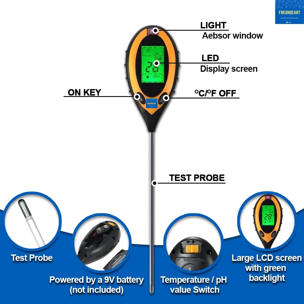 FreshDcart Planter Sensor - 4-in-1 - pH Acidity, Moisture Level, Water & Soil Tester (with Sensor Prob & Digital LCD Display)