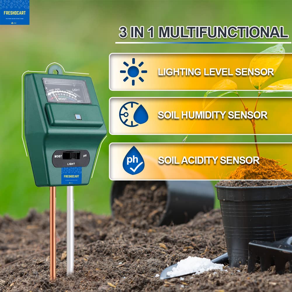 FreshDcart Solar Powered Plant Sensor - 3-in-1 Soil Moisture Level, pH Acidity Meter & Light Level