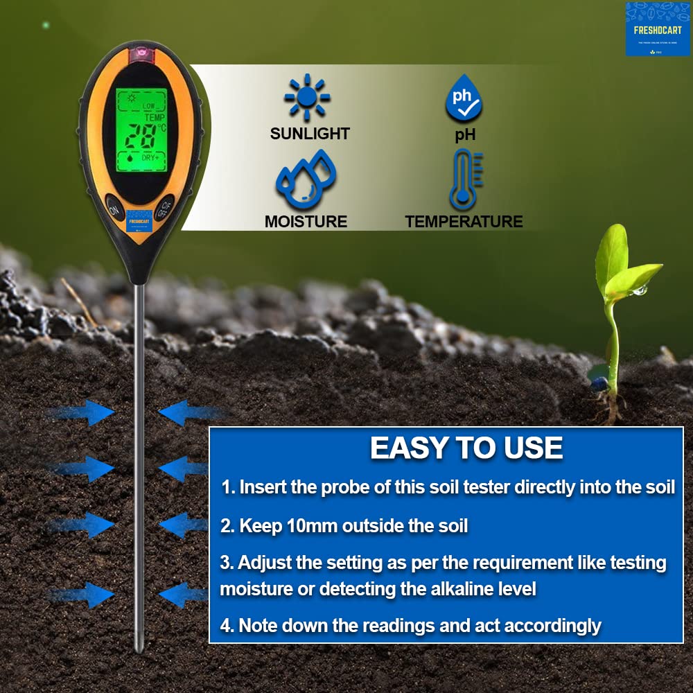 FreshDcart Planter Sensor - 4-in-1 - pH Acidity, Moisture Level, Water & Soil Tester (with Sensor Prob & Digital LCD Display)