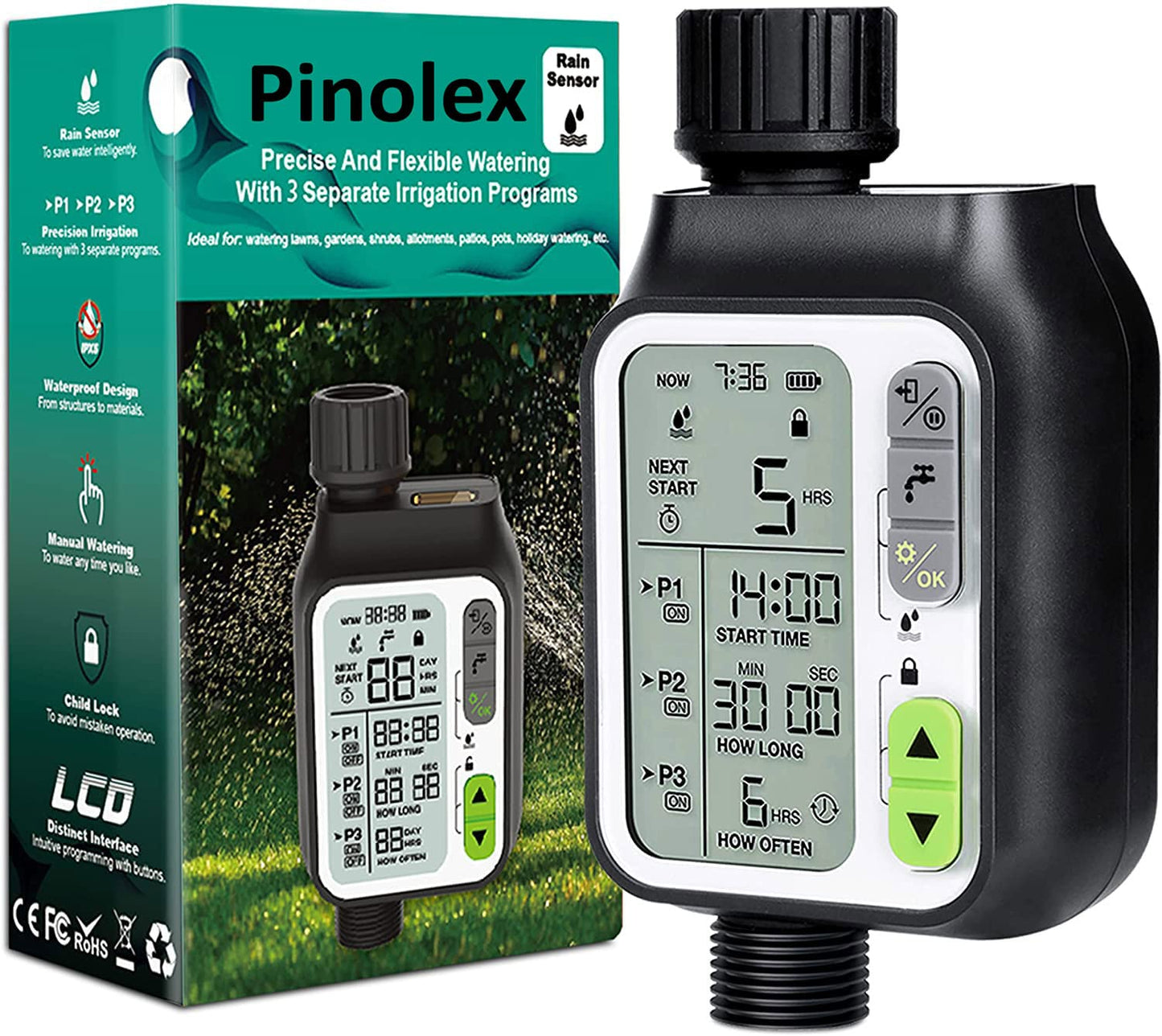 Pinolex Sprinkler Watering Timer & Irrigation Controller (With 3 Watering Programs, Rain Auto Sensor, 3.5 inch Screen, IPX5, Child Lock)