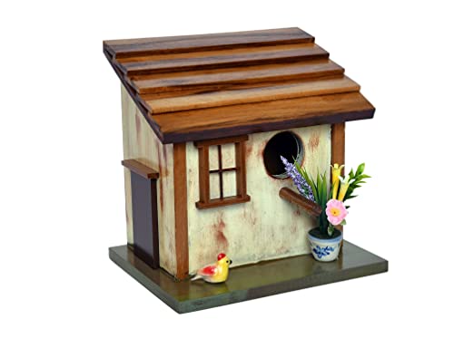 The Weaver's Nest Hand Crafted Solid Wood Bird House with Hanging Hook, Brown (21 x 15 x 21 cm)